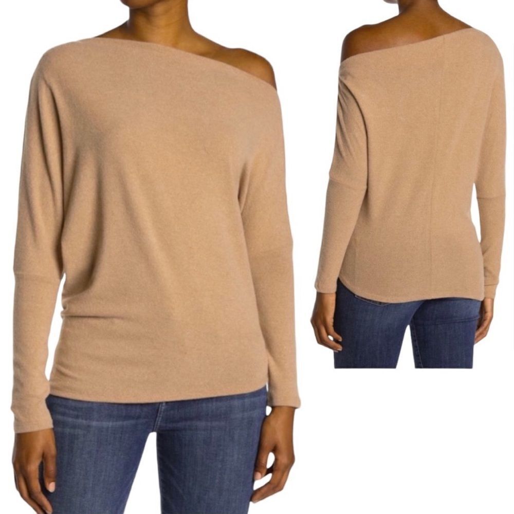 ASTR The Label Off The Shoulder Asymmetrical Sweater Tan XL NEW